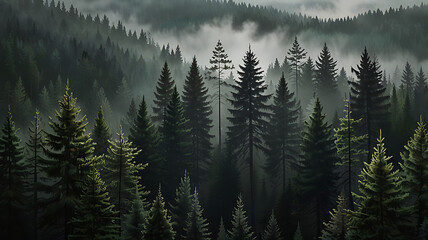 Fototapeta premium Pine forest wallpaper with towering pine trees and a misty atmosphere, capturing a sense of calm and mystery perfect for nature-themed interiors.