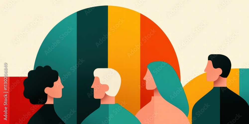 Poster aging population pension concept. abstract illustration featuring diverse figures with vibrant color