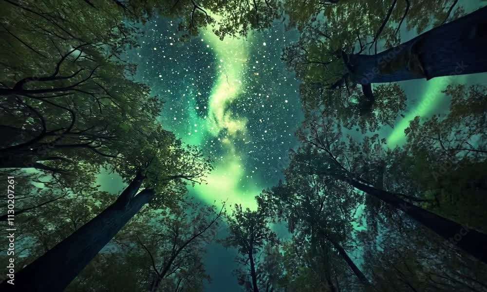 Poster a mesmerizing view of a starry sky framed by tall trees in a tranquil forest setting.