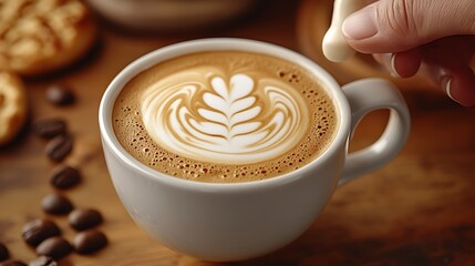 Latte Art in White Cup with Coffee Beans and Cookies