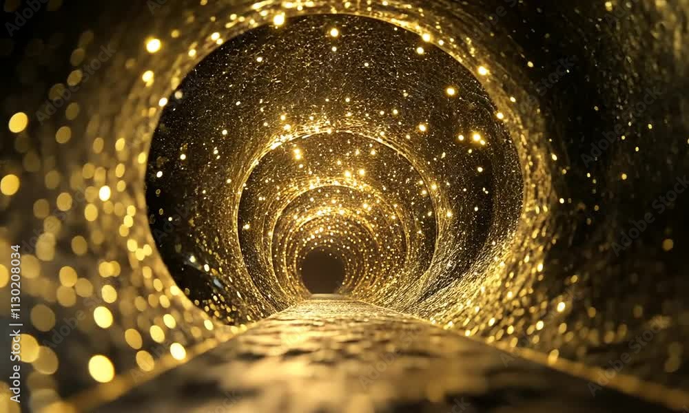 Poster a shimmering tunnel filled with golden lights, creating a magical and surreal atmosphere.