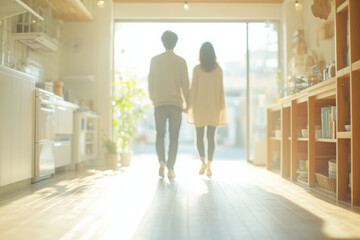 Young Japanese couple holding hands and walking in the kitchen of their home, back view, sunlight shining through the window, warm atmosphere, wide-angle shot, cinematic photography.