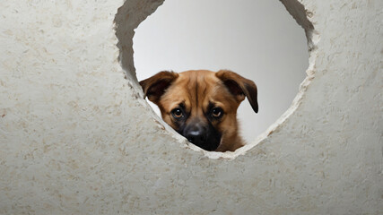 A curious dog peeks through a hole in a large white wall.
