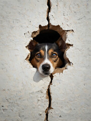 A curious dog peeks through a hole in a large white wall.