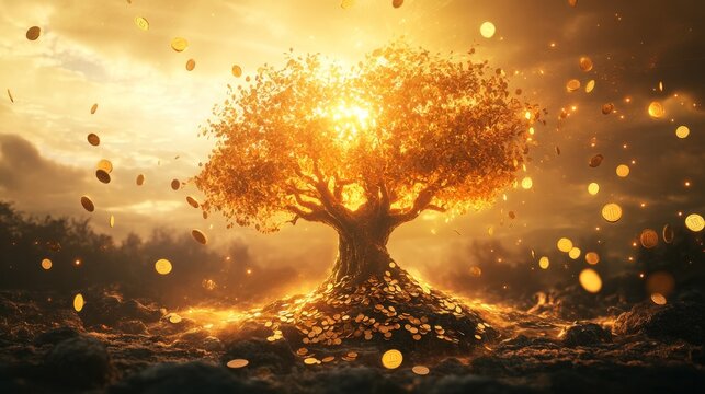 Golden tree of wealth growing in enchanted forest with shimmering coins magical atmosphere dusk viewpoint prosperity concept