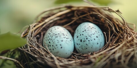 Obraz premium Two spotted dove eggs nestled in their nest, patiently awaiting the moment of hatching. The anticipation of the spotted dove eggs brings a sense of nature s wonder to life.
