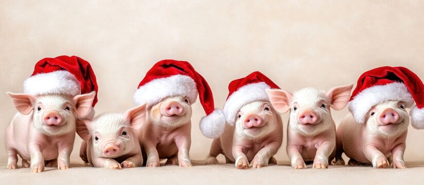 Five adorable piglets wearing Santa hats for Christmas