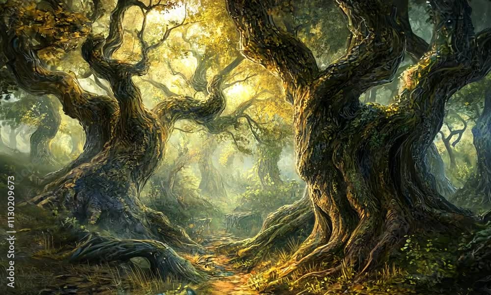 Poster a mystical forest scene with twisted trees and soft light filtering through the foliage.
