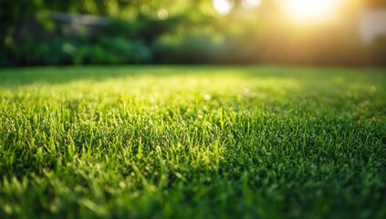Fototapeta premium Golden Hour Grass: A Serene Sunset Lawn Scene