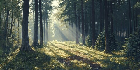 Obraz premium Clear morning in the woods featuring a beautiful spruce and pine tree forest. The spruce and pine trees create enchanting trunks and deep shadows illuminated by sun rays.