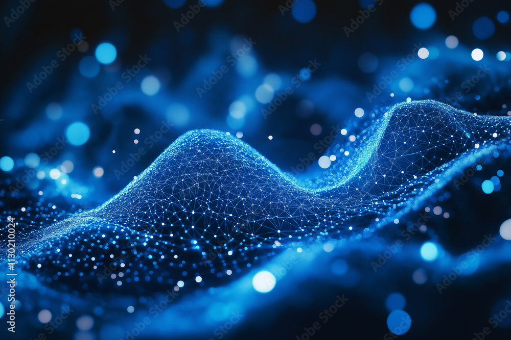 Poster a glowing dark blue abstract scene with scattered luminous particles and mesmerizing bokeh effects, 