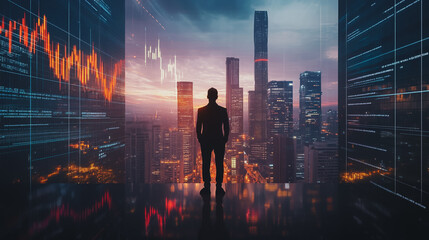 Obraz premium Abstract business man stands on the peak of success amid tall, innovative Smart city and graphs with statistics to analyze business potential and predict future developments in company growth.