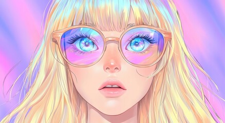 Fototapeta premium 色鮮やかな背景の中で、大きな目を持つブロンドの女性が楽しむアート作品