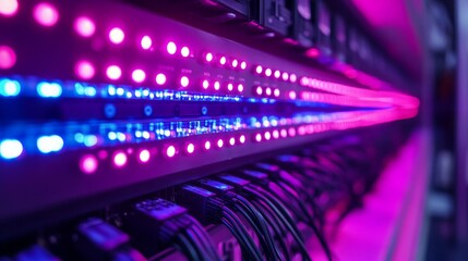 Illuminated led display in high-tech environment modern facility close-up view digital innovation showcase