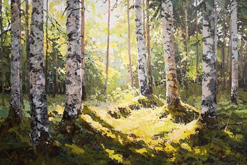 Finland's forests feature lush woodlands of soaring pines and birches enveloped in moss, with sunlight streaming through the canopies to reveal diverse wildlife and intricate textures.