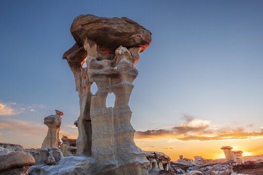 The Alien Throne Hoodoo in the Valley of Dreams, New Mexico, at sunset.