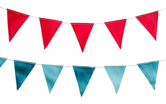 Red and blue triangular flags hanging on a string for a festive celebration isolated on transparent background.