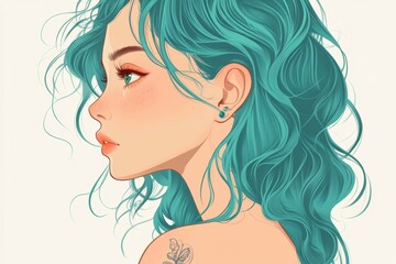 Naklejka premium 青い髪の女性の側面像と美しいタトゥーが描かれたアートスタイル