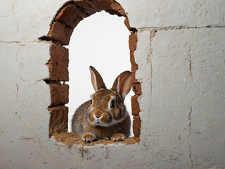 A curious rabbit peeks through a hole in a large white wall.