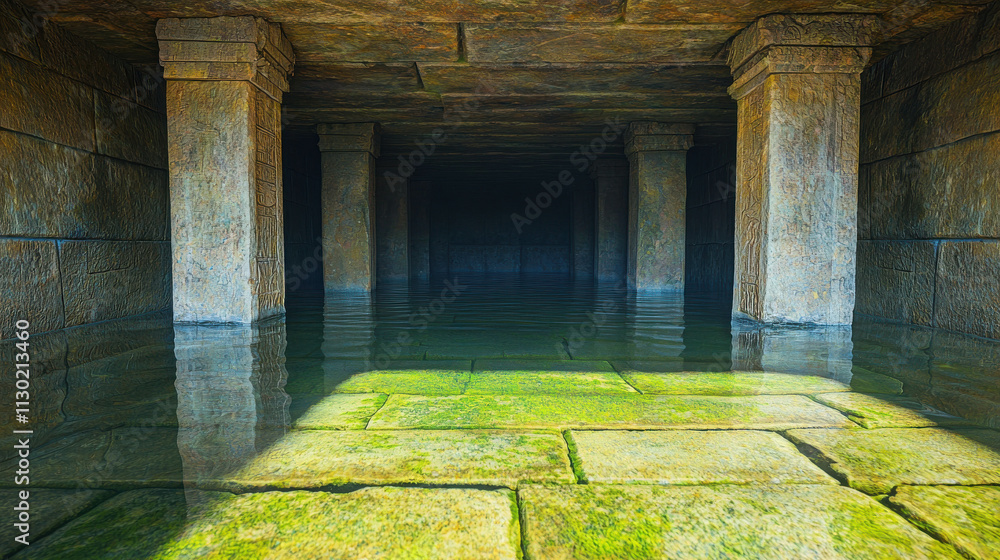 Poster submerged temple hall under desert with partially visible columns and calm water