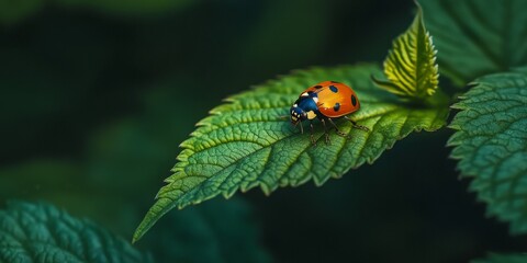 Ladybird resting on a green leaf, showcasing the beauty of nature. This ladybird clings to the plant leaf, highlighting its vibrant color and intricate details. Perfect for nature enthusiasts.