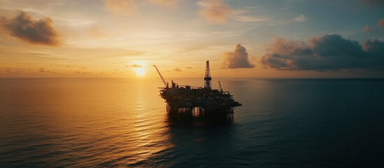 Obraz premium Offshore Oil Rig at Sunset: A Majestic Silhouette