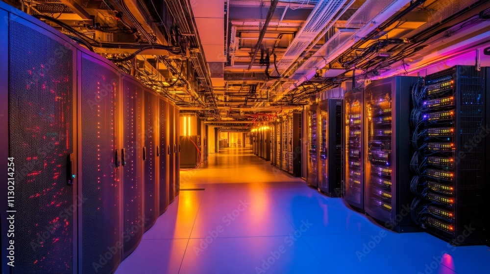 Poster data center operations modern facility digital infrastructure high-tech environment wide-angle view 