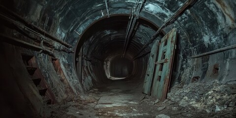 Abandoned underground tunnel of an old iron mine featuring broken doors, highlighting the haunting remnants of the old iron mine s history and its eerie atmosphere.