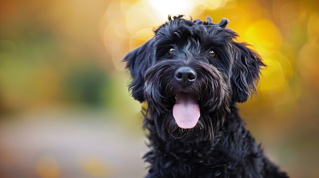A cheerful black Russian Terrier dog with a fluffy coat and tongue out against a soft autumn background, cute wallpaper photography for dog lovers
