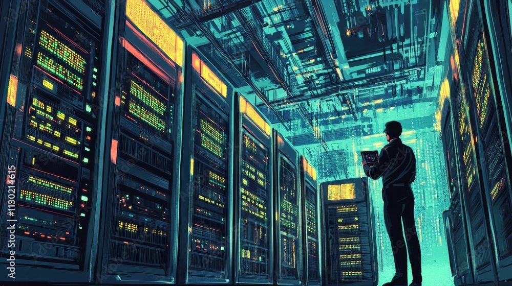 Poster data center operations high-tech facility digital infrastructure futuristic environment low angle vi