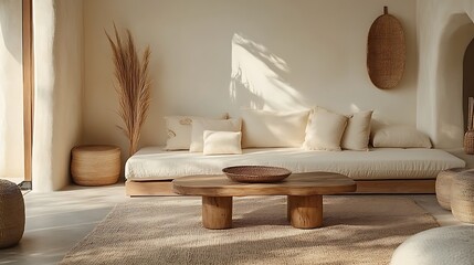 Beige sofa wooden coffee table and rattan decorator