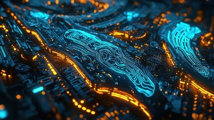 Abstract Circuitry: Neon Hues and Digital Terrain