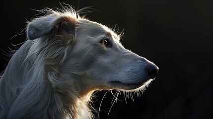 White Borzoi dog in profile with soft light highlighting its fur and features, cute wallpaper photography for dog lovers
