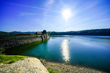 View of the Edersee and the surrounding nature at the lake. Eder Dam in Edertal.

