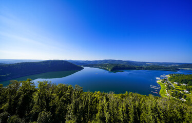 View of the Edersee and the surrounding nature at the lake. Landscape in the Edertal.