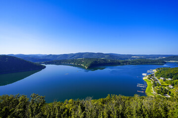 View of the Edersee and the surrounding nature at the lake. Landscape in the Edertal.