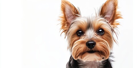 Fototapeta premium Portrait of a Yorkshire terrier looking directly at the camera, showcasing the fluffy features of this adorable dog, a beloved pet against a clean white background.