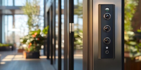 Modern doorbell buttons featuring a microphone and camera enhance security and convenience. This entrance door showcases an advanced intercom system for apartment buildings, improving communication.