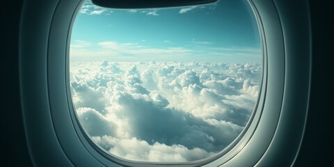 Fototapeta premium Clouds and sky are beautifully captured through the window of an aircraft, showcasing the enchanting view of clouds and sky despite slightly poor lighting conditions.
