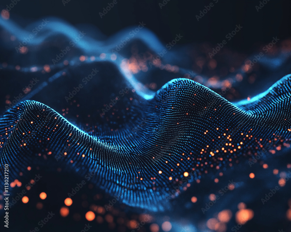 Poster a glowing dark blue abstract scene with scattered luminous particles and mesmerizing bokeh effects, 