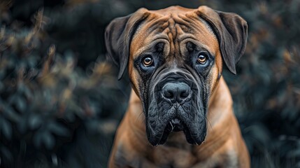 Obraz premium A close up of a brown Bullmastiff dog with captivating eyes against a dark background, cute wallpaper photography for dog lovers