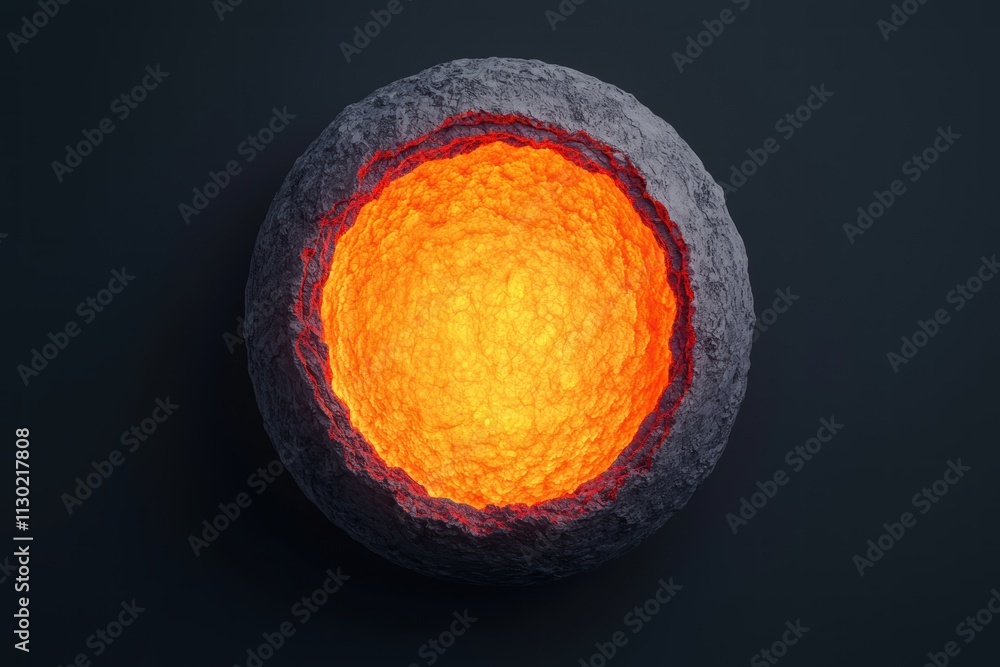Poster deep earth core concept. a spherical object with a textured outer surface, featuring a bright, glowi