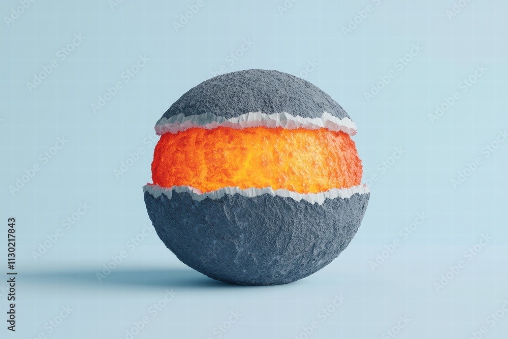 Poster deep earth core concept. a stylized sphere showing layers with a glowing orange core, surrounded by 