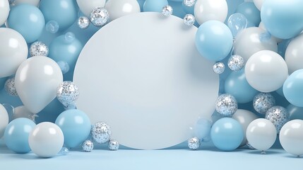 Blank circle sign surrounded by pastel blue and white balloons.