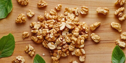Fototapeta premium Peeled walnut kernels arranged on a cutting board, showcasing their rich texture and color. This top view highlights the unique characteristics of the peeled walnut kernels beautifully.