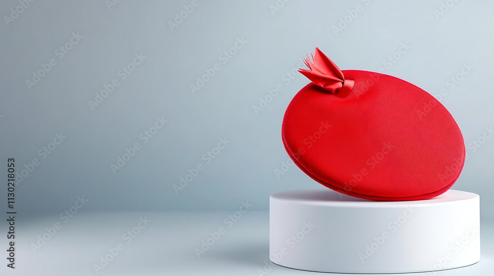 Poster artistic display of a red circular object on white pedestal minimalist studio environment contempora