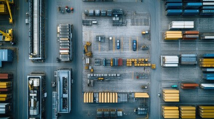 A large industrial area with many trucks and cars