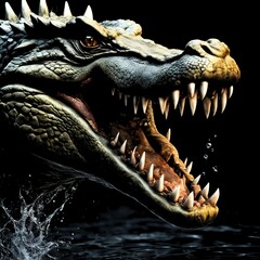 Obraz premium The Predator's Sharp Teeth,Close-up face of a large Crocodile showing strength and tension. With sharp fangs and dripping water, its biting expression creates a tense atmosphere