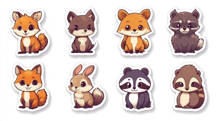 Fototapeta premium Cartoon Forest Friends: A collection of adorable cartoon animals, including foxes, a rabbit, and raccoons, stickers, set against a soft, welcoming backdrop. Designed to evoke warmth and whimsy.