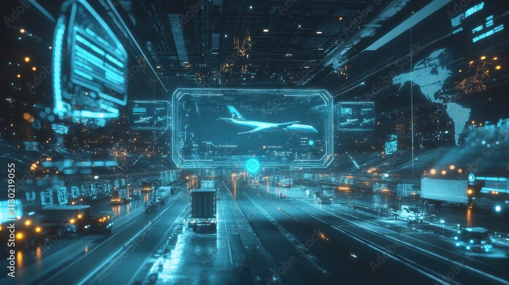 Poster a futuristic cityscape with a large screen displaying an airplane
